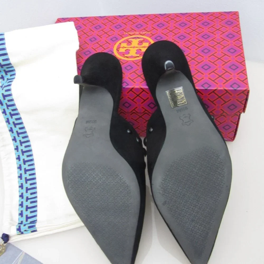 Tory Burch Black Suede Pointed Mule Heels with Stud Accents